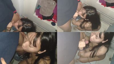 Asian slut sucking cock in public restroom