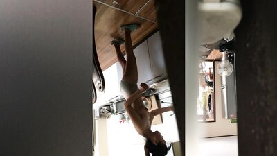Spy roommate cooking in topless