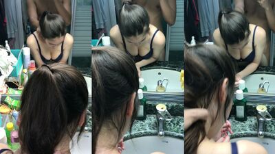 Asian couple doggie in bathroom