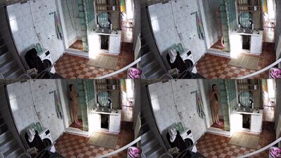 Hot wife shower in door less bathroom